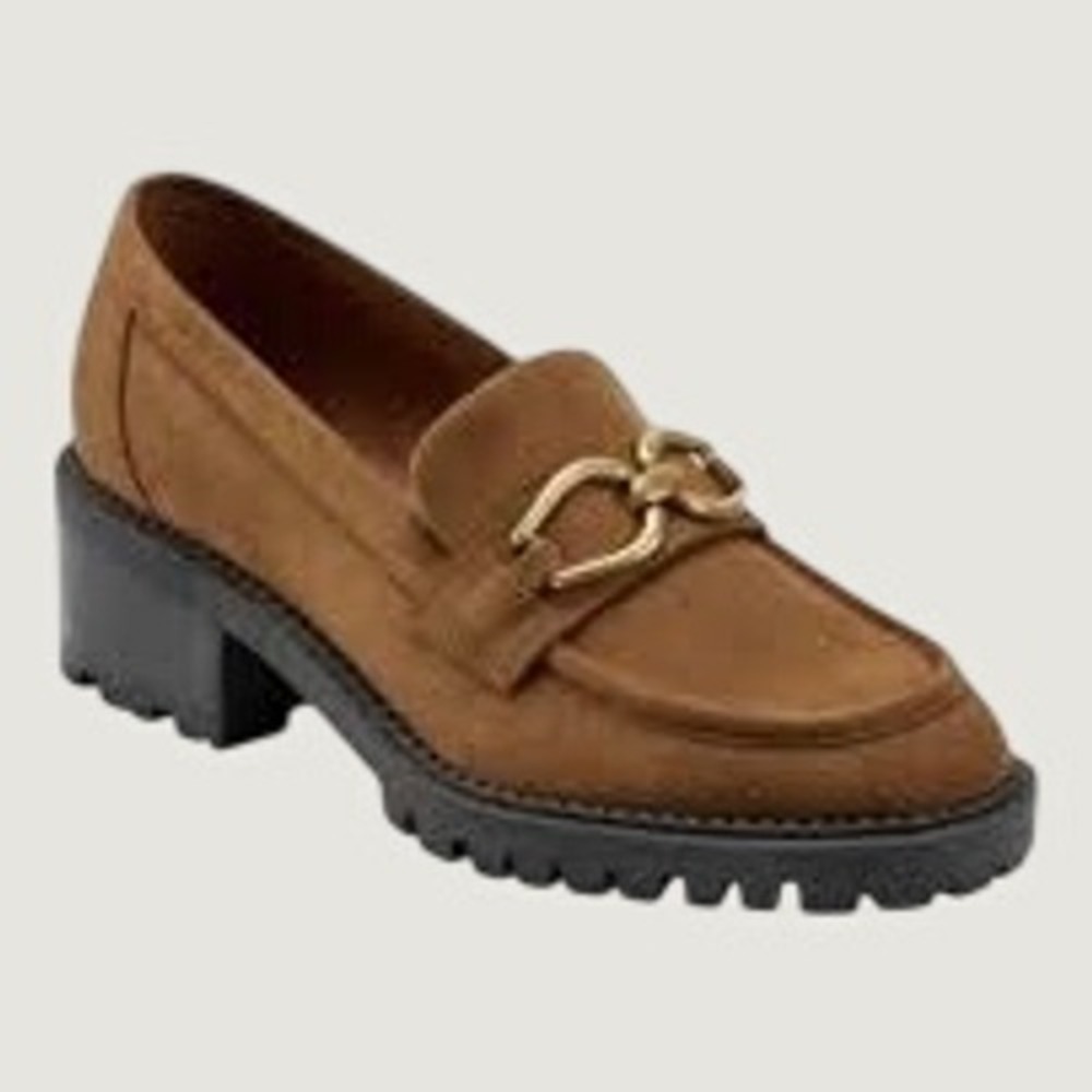 Marc Fisher Delanie‎ Brown Suede Lug Sole Loafers Gold Chain Detail Womens 9M